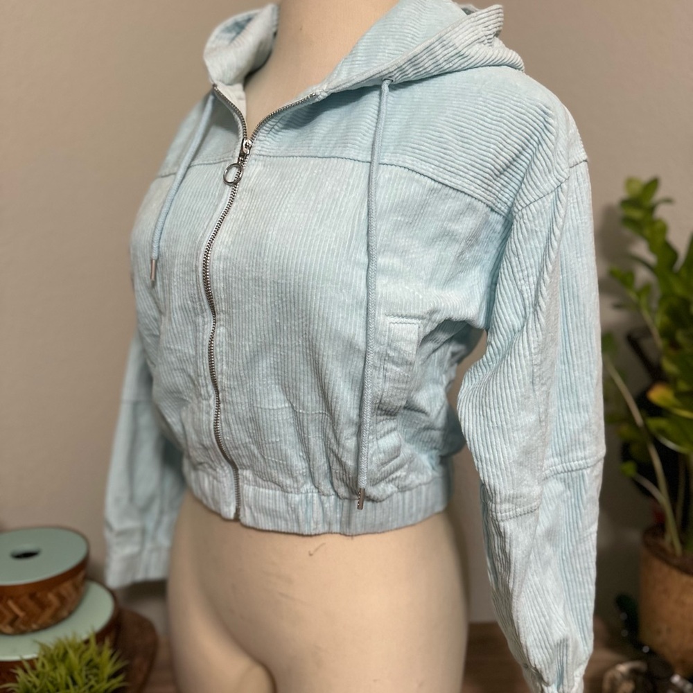 Forever 21 Baby Blue Cropped Corduroy Drawstring Hooded Bomber Jacket - Medium